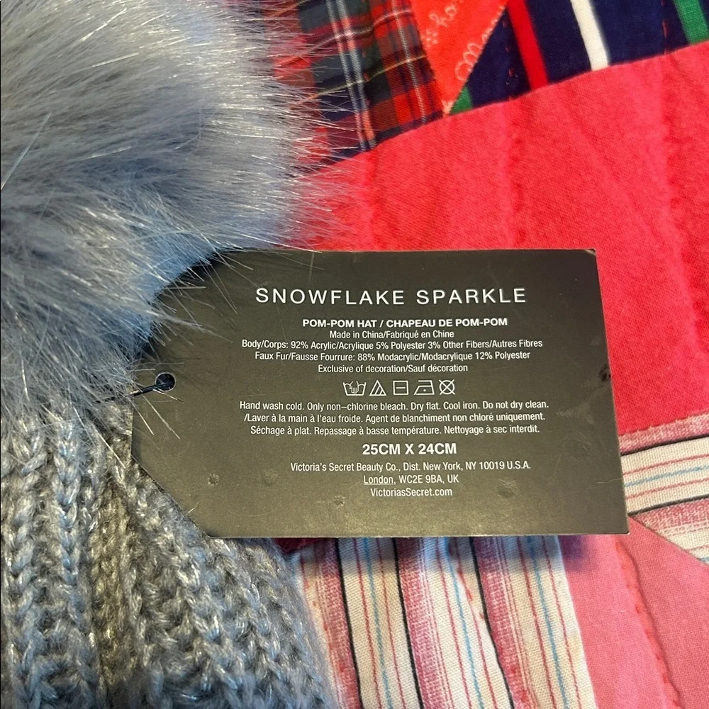 Victoria's Secret Gray Knit Pom Beanie with Floral Jewel Accents